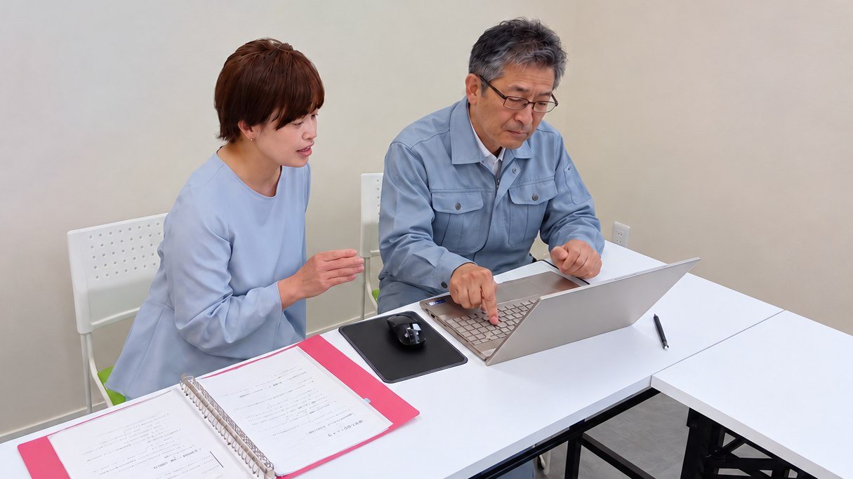 ノートパソコンの操作を、隣に座って一緒に確認している様子